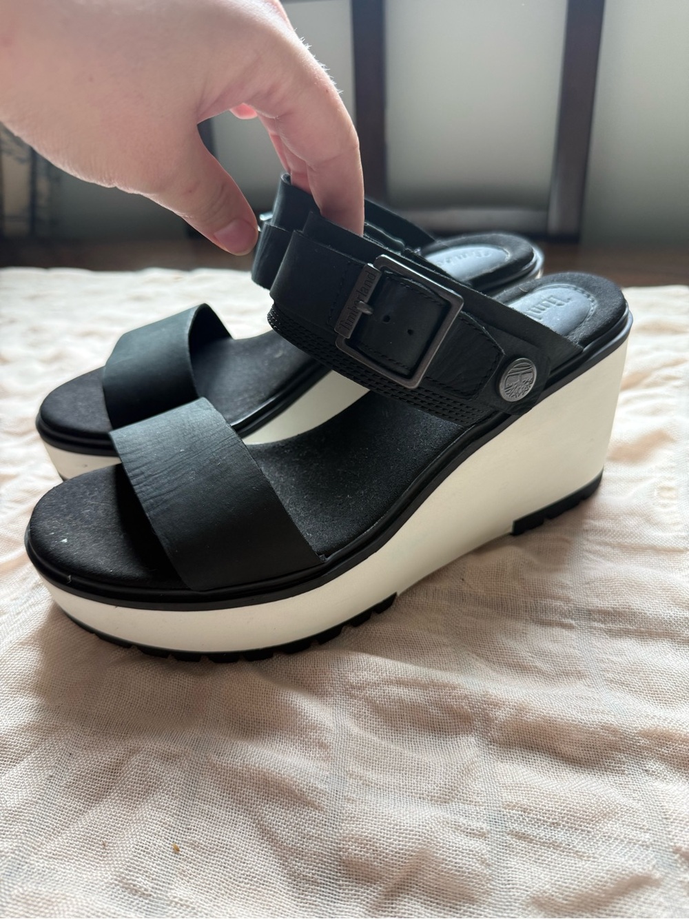 Timberland Black Platform Wedge Sandals with White Sole - Picture 2 of 9